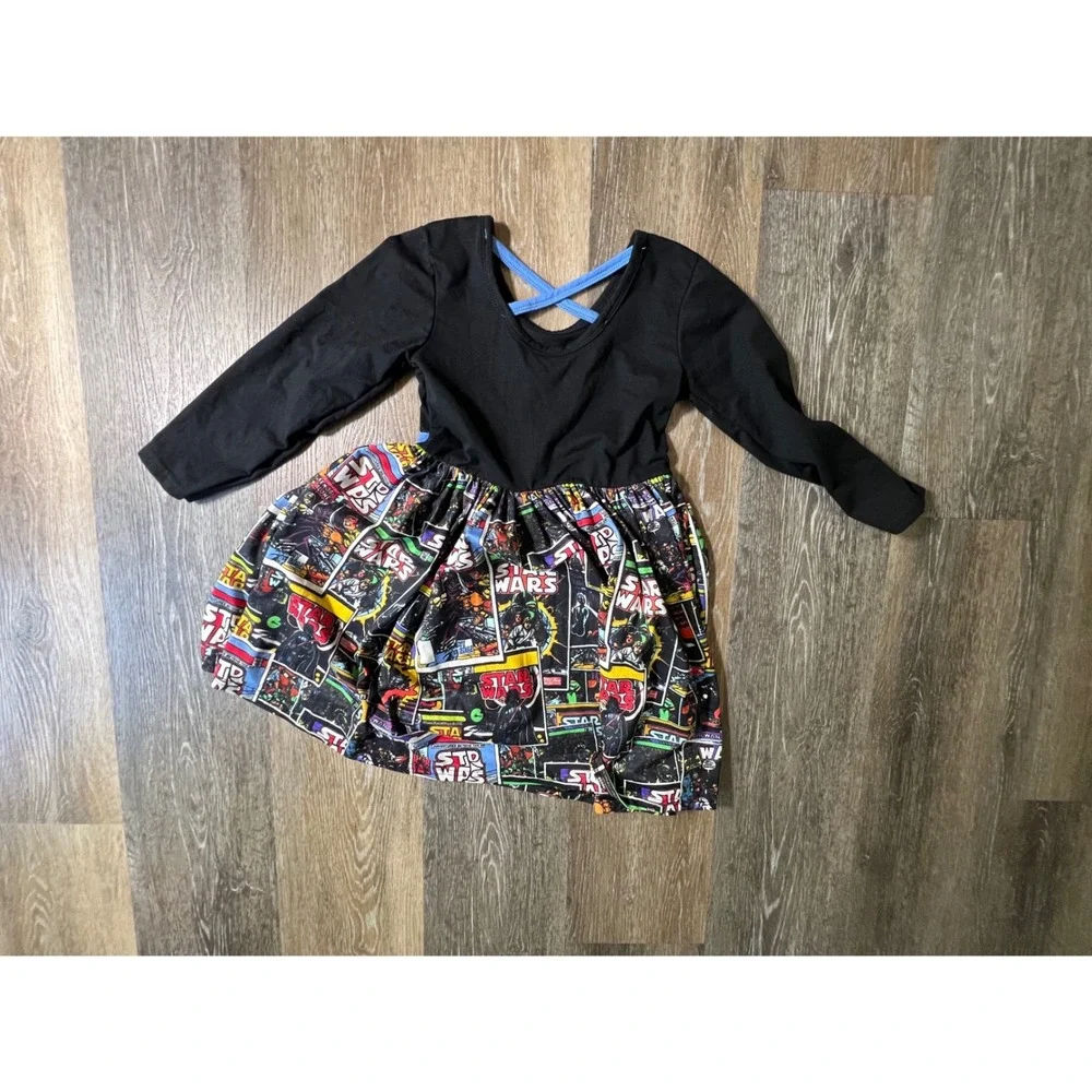 Star Wars Comic Print Dress Kids 10 Black Blue‎ Long Sleeve Cross Back Skirt